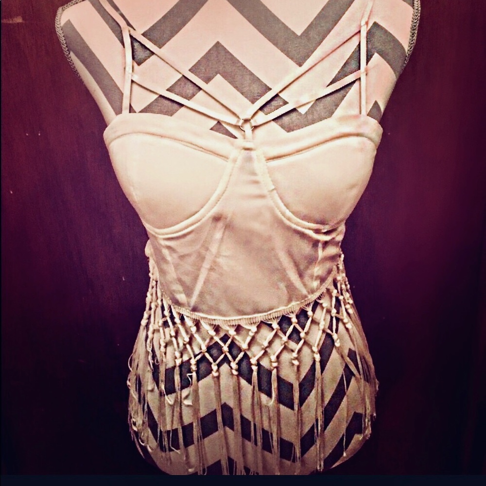 NWOT White crop top with fringe lattice LIKE NEW